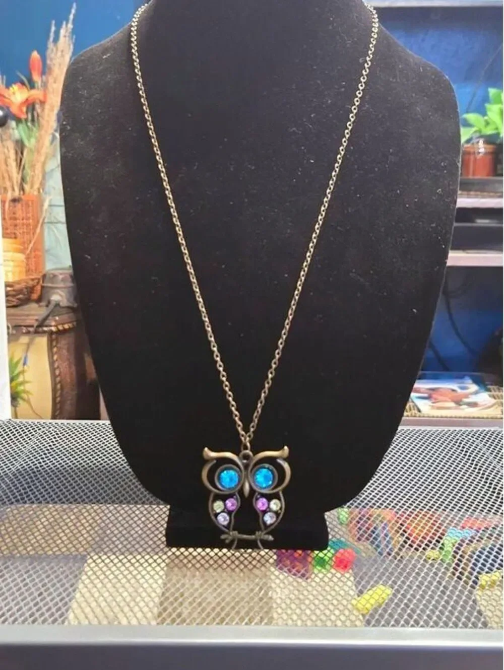 Vintage Bronze Owl Pendant Necklace with Blue and Multicolor Rhinestone Crystals